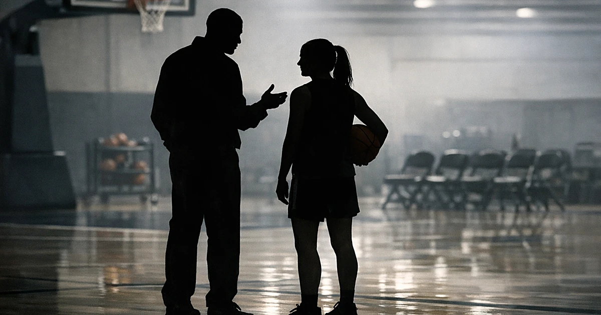 Two silhouetted figures in conversation on a basketball court, one gesturing encouragingly to the other