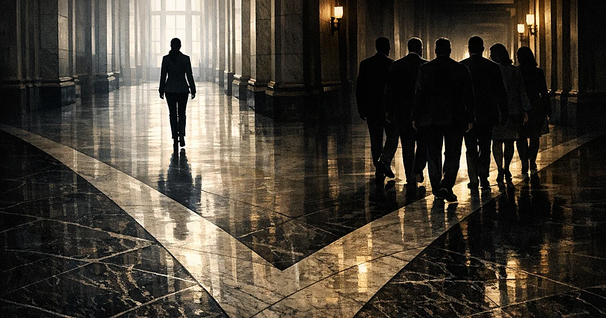 Silhouetted figures walking opposite directions in a government corridor, representing political division