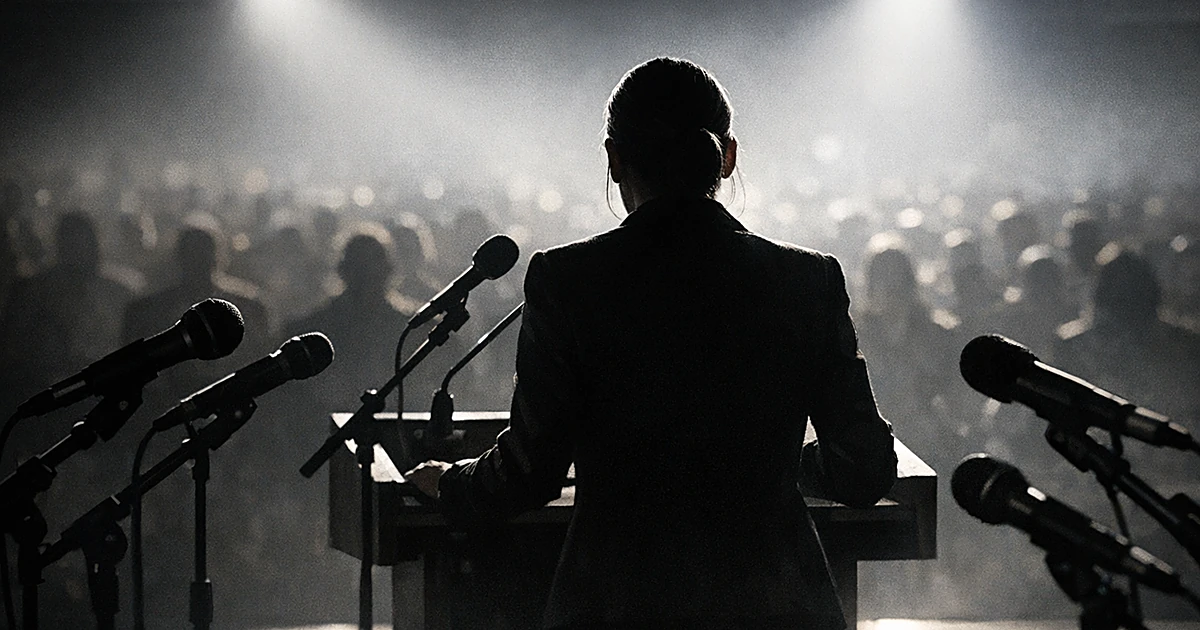 Silhouetted speaker at podium with microphones, viewed from behind, addressing shadowy audience under stage lights