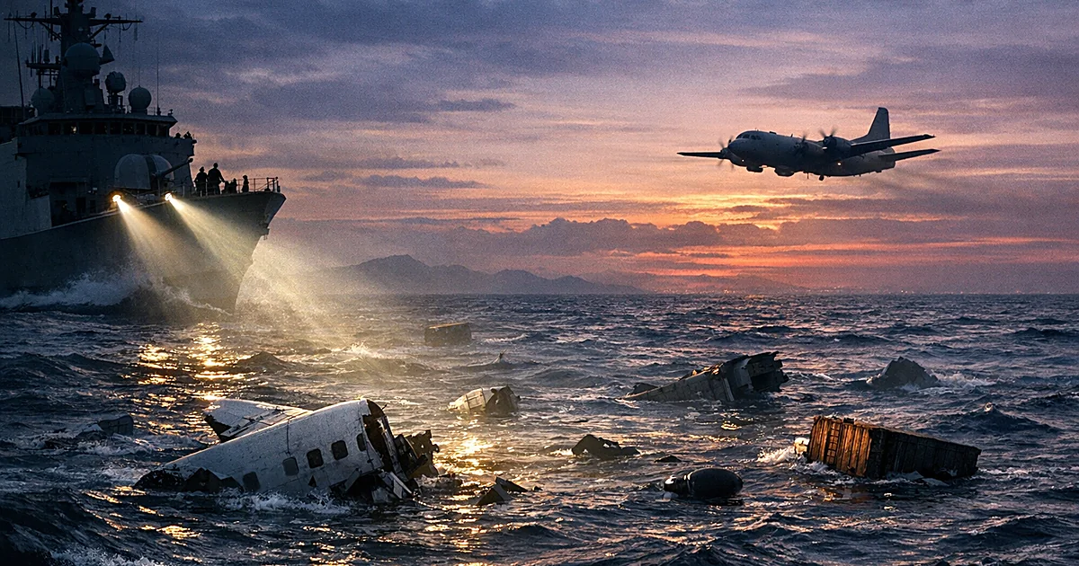 Naval vessel with searchlights scanning aircraft wreckage floating in dark ocean waters at dusk