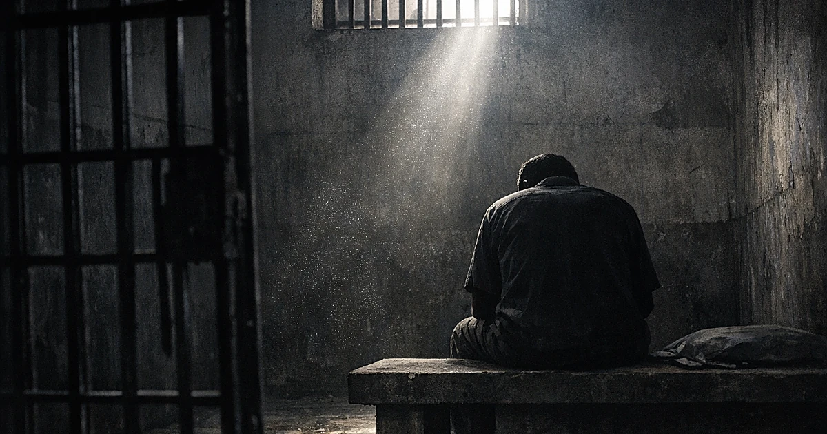 Silhouetted figure sits alone in a dark prison cell with barred window casting shadows on concrete walls