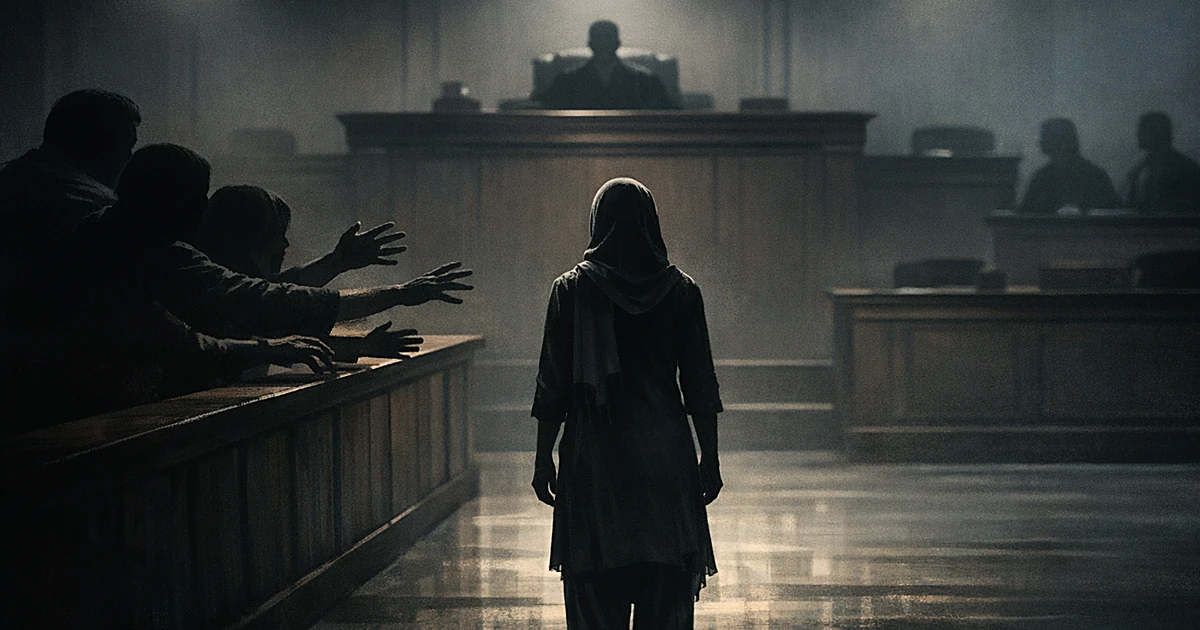 Silhouette of young woman in courtroom separated from reaching family members by barrier