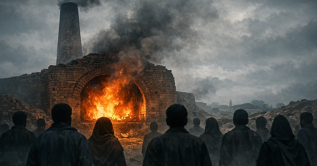 Silhouetted figures face a brick kiln with flames burning inside, smoke rising against an overcast sky