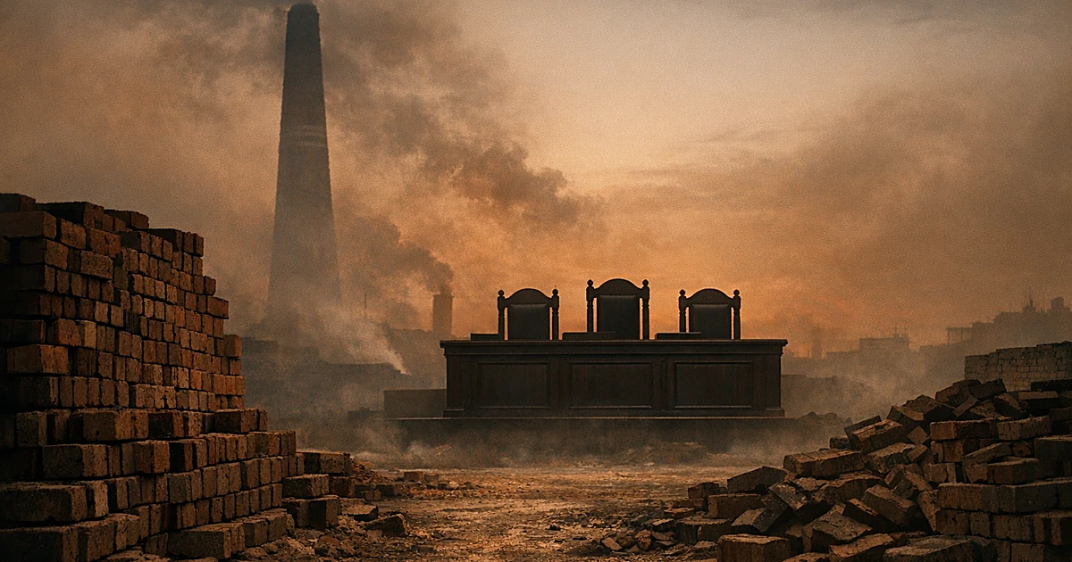 Brick kiln with chimney and courtroom bench silhouette at dusk with smoke and grey-orange atmospheric lighting