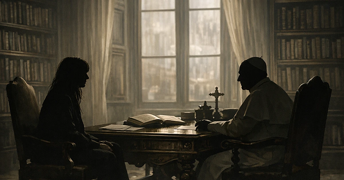 Two silhouetted figures seated at desk in ornate Vatican palace room with tall windows and bookshelves
