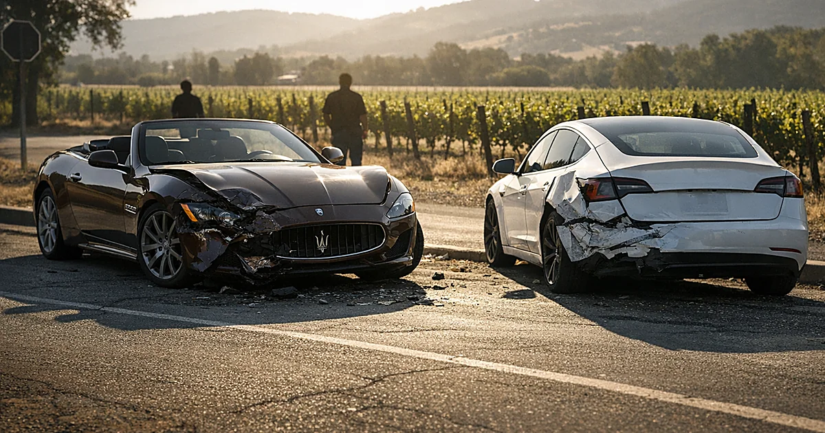 Brown sports car and white electric sedan with collision damage on a Napa Valley street with vineyard backdrop