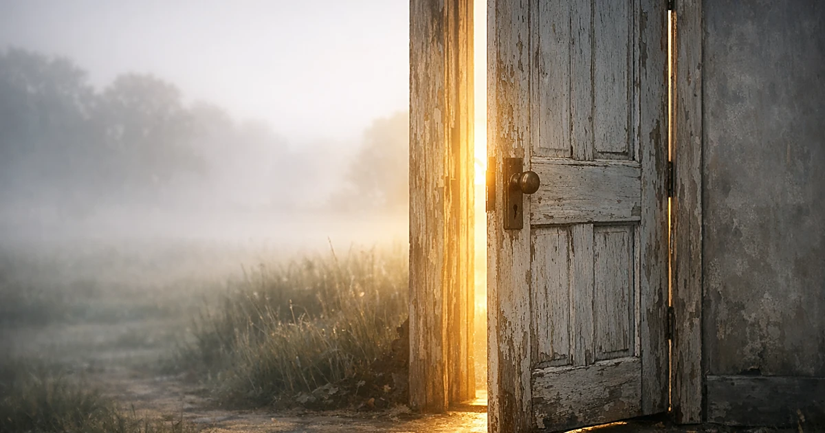 Wooden door ajar with soft light streaming through in misty landscape