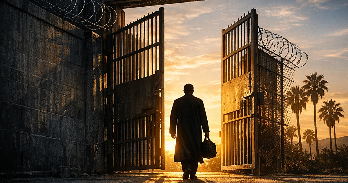 Silhouetted pastor walking through opening prison gate toward sunset light and palm trees