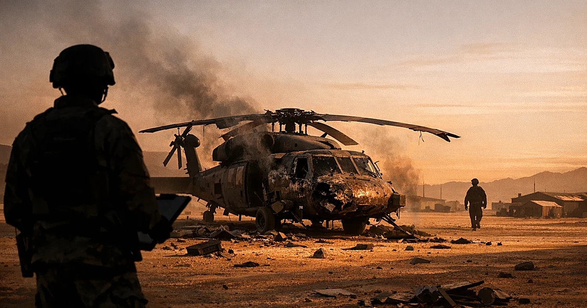 Damaged military helicopter on desert airfield with silhouetted service members examining wreckage at dusk