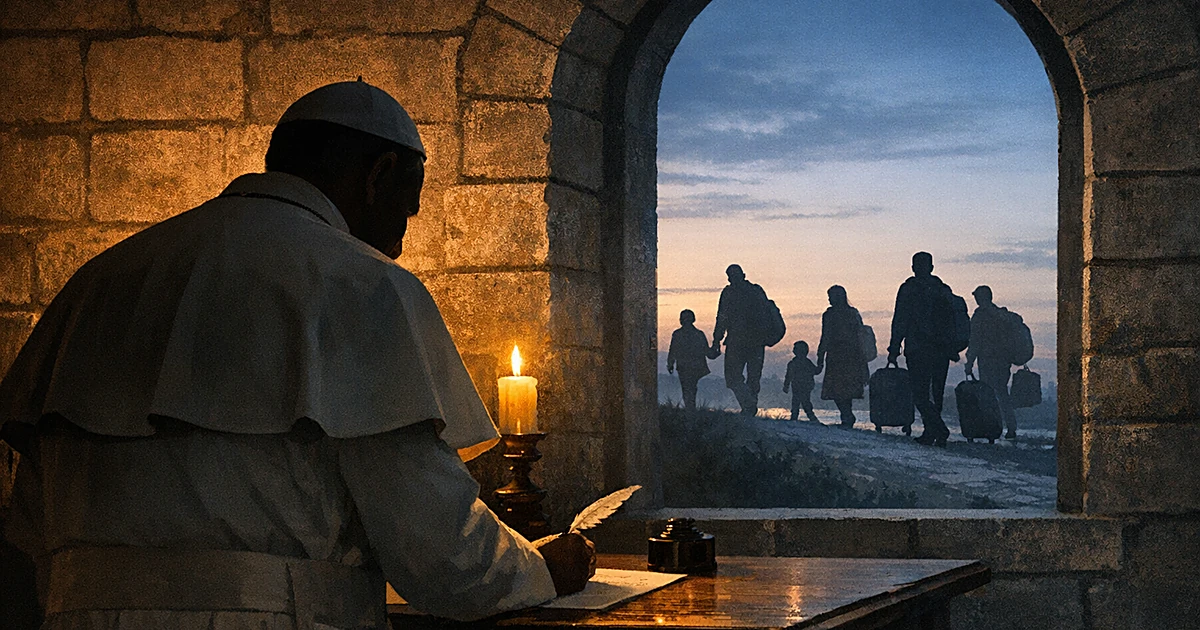 Silhouetted papal figure writing at desk with migrants visible through window in background