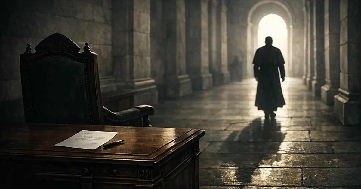Robed figure from behind walking away down corridor, leaving empty bishop's chair and desk with letter in shadows