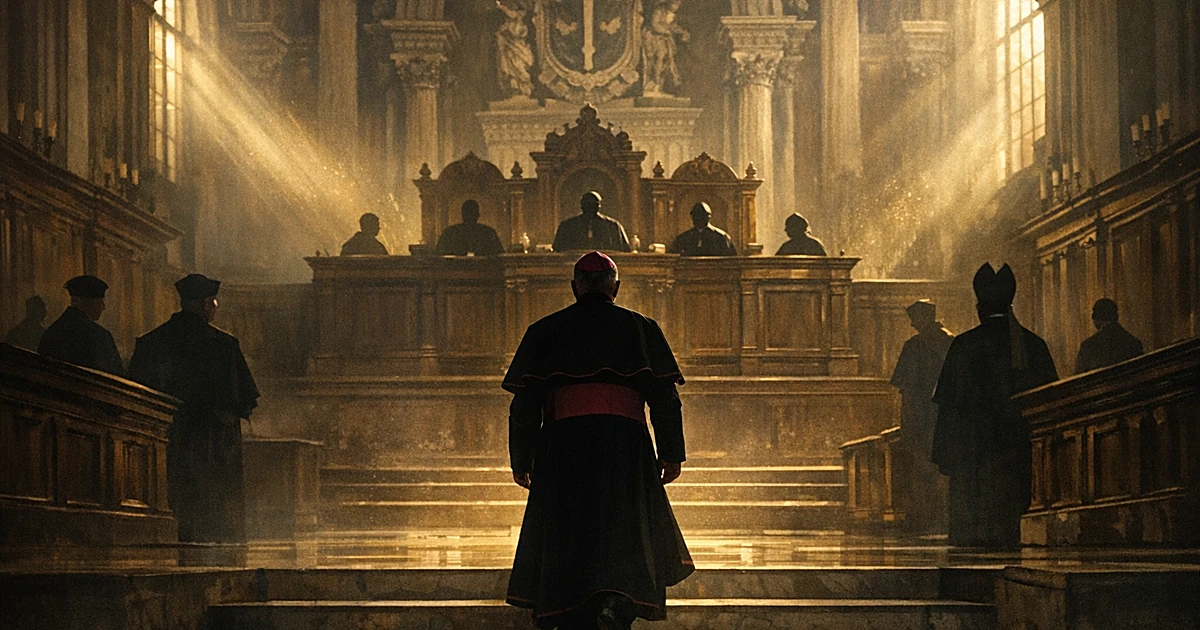 Silhouetted archbishop in robes ascending steps toward an elevated bench in an ornate Vatican courtroom interior