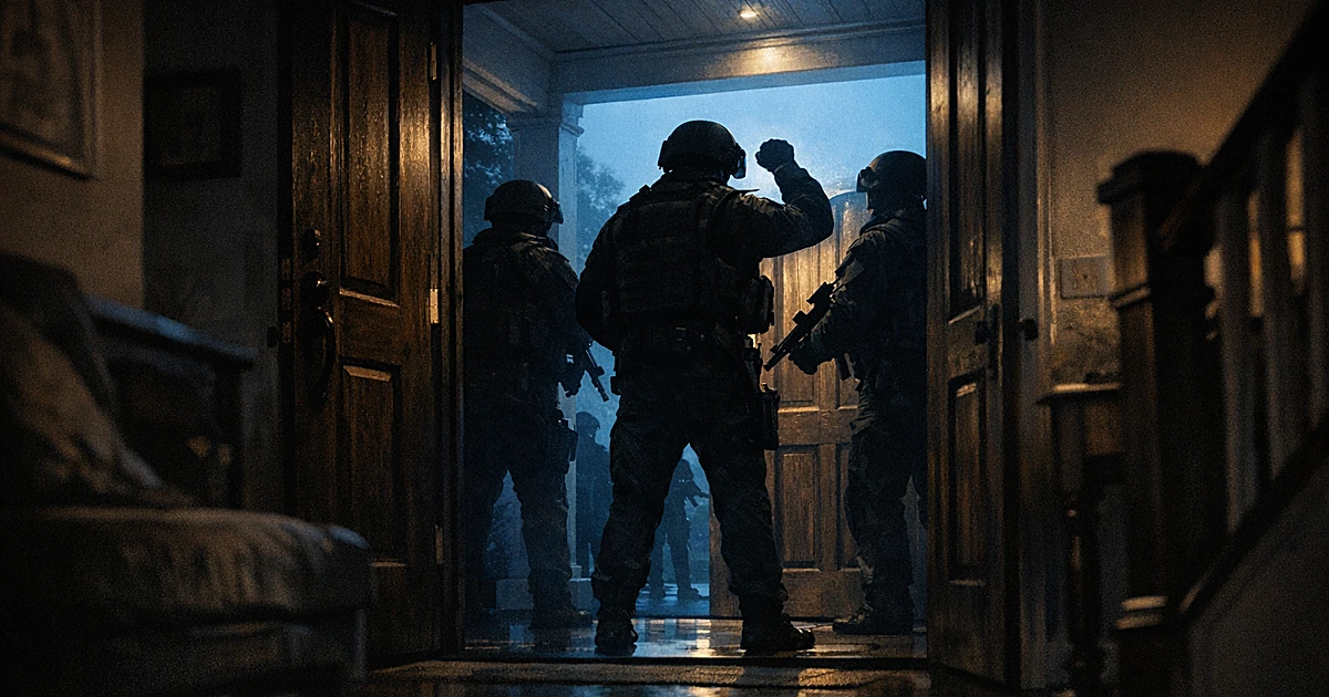 Silhouettes of armed agents at a residential door in pre-dawn darkness, viewed from inside the home