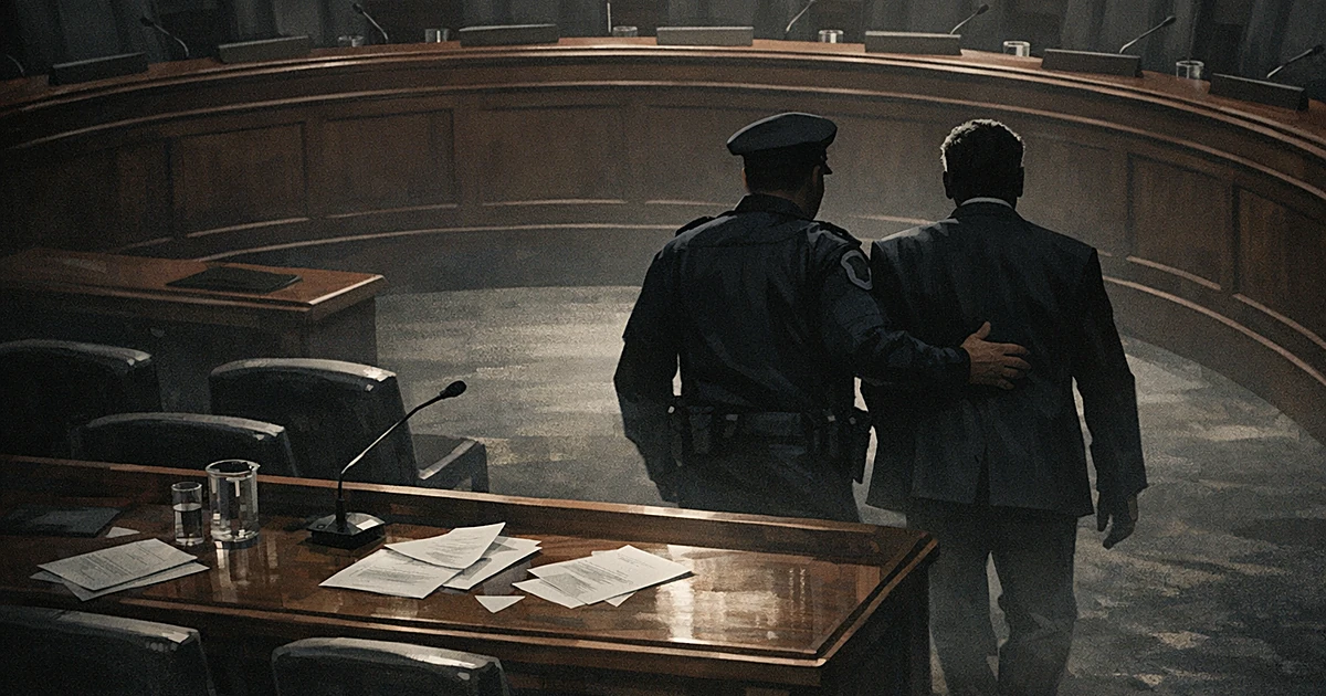 Capitol Police officer escorts person away from Senate hearing room witness table, viewed from behind