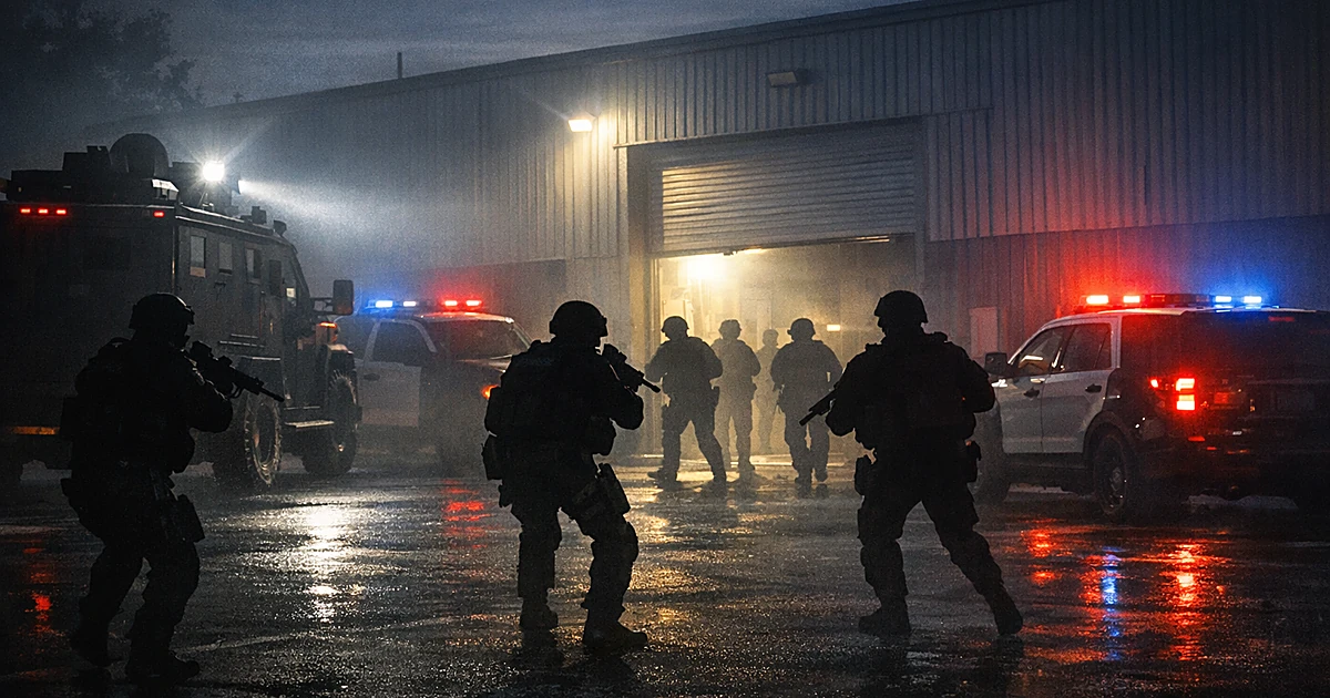 Silhouetted SWAT officers conducting early morning raid at commercial warehouse with emergency vehicle lights