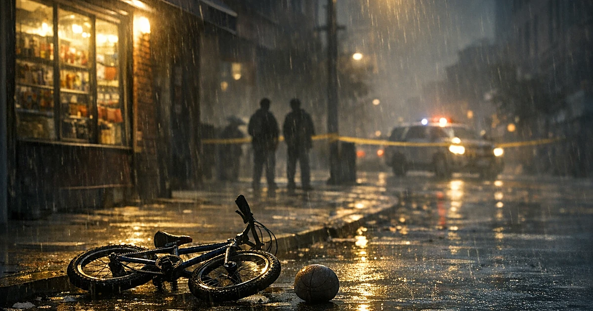 A fallen bicycle and ball on wet pavement outside a corner store at dusk with streetlight illumination