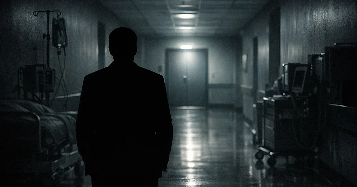 Empty hospital corridor with closed door and lone silhouette figure standing in shadows, conveying uncertainty