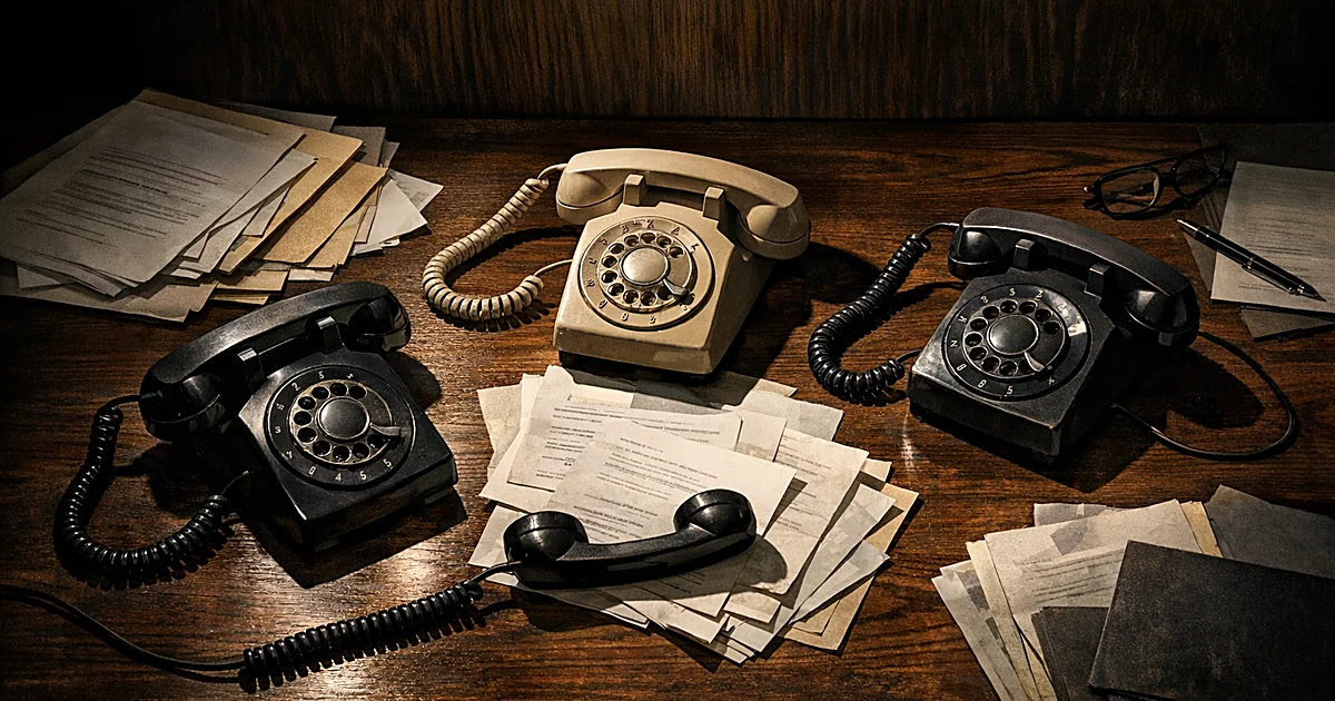 Three vintage telephones on a desk with receivers off the hook, casting dramatic shadows in dim lighting