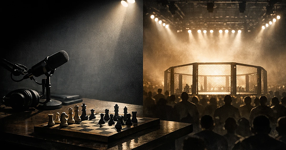 Split scene showing podcast microphone, octagonal cage silhouette, and chess board in dramatic lighting