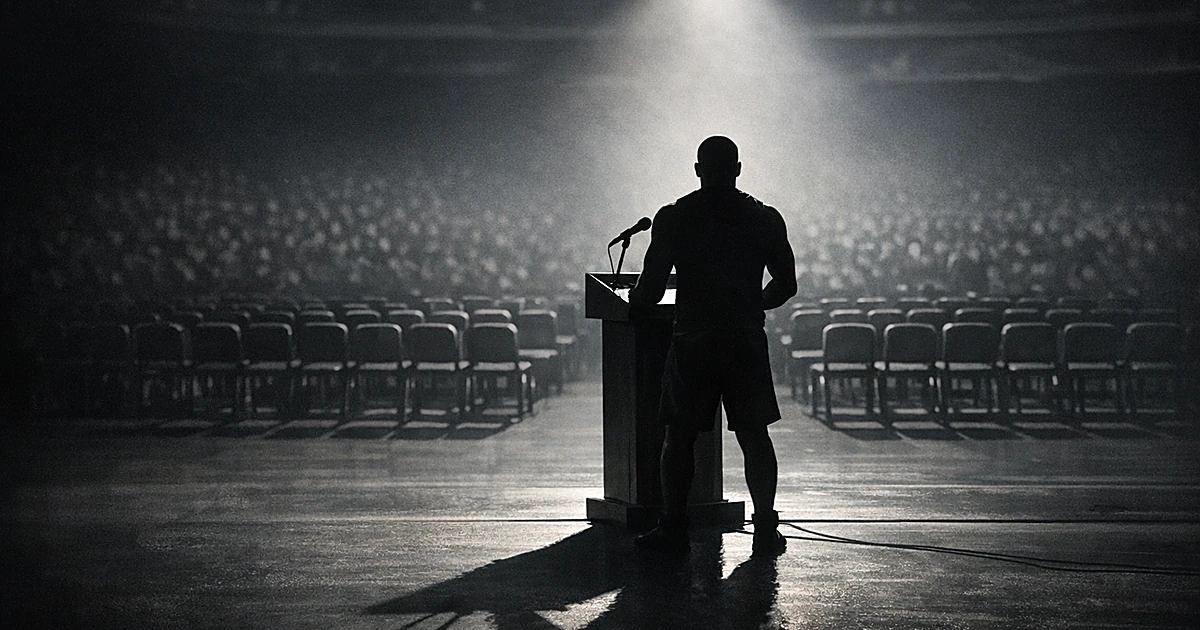 Silhouetted figure at microphone on spotlit stage facing empty arena chairs in darkness