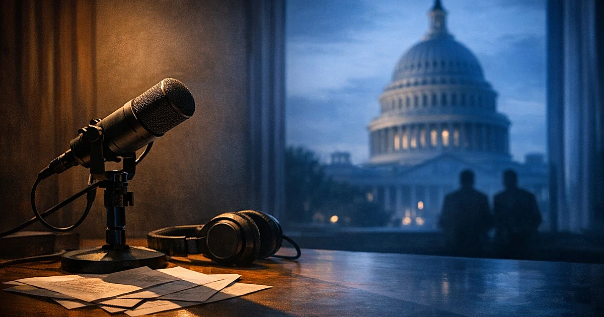 Podcast microphone in foreground with White House dome silhouette visible through window in moody split lighting