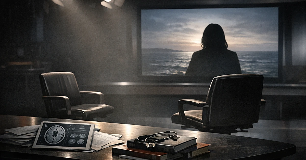 Empty TV studio with remote interview setup, medical books on desk, silhouette on screen, dramatic lighting