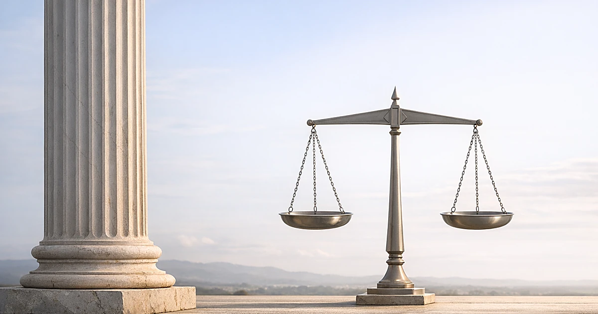 Abstract image of a marble column and balanced scales representing justice and institutional stability