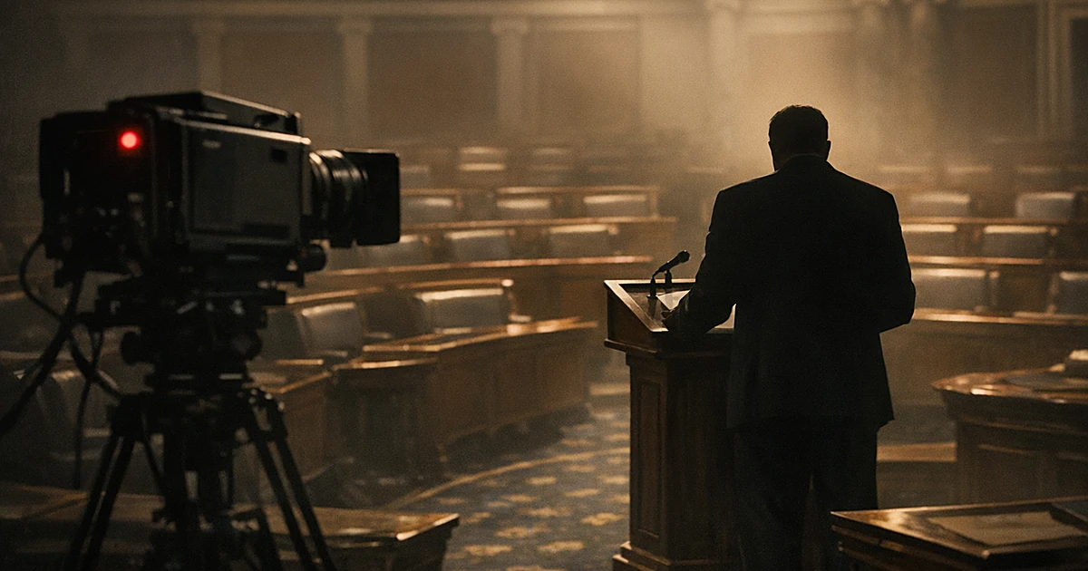 Silhouetted figure at podium in legislative chamber with TV camera recording in foreground