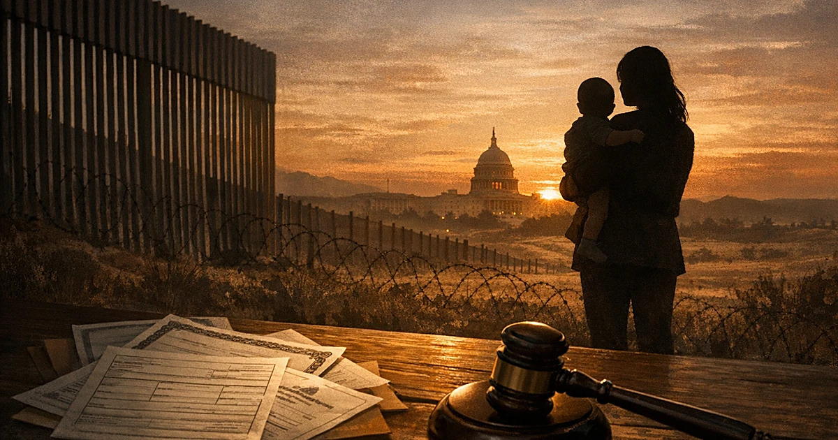 Silhouetted parent with infant facing government building, with legal documents and gavel on desk in foreground
