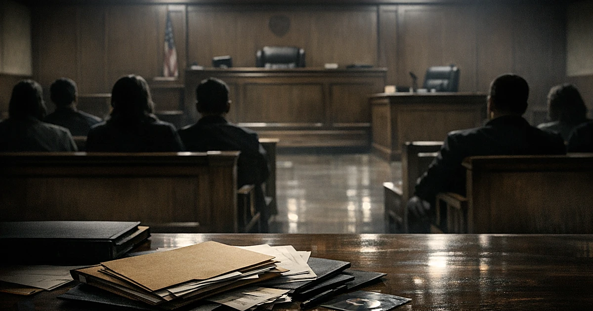 Courtroom interior with silhouetted figures in gallery seating, empty judge's bench, and evidence documents on table