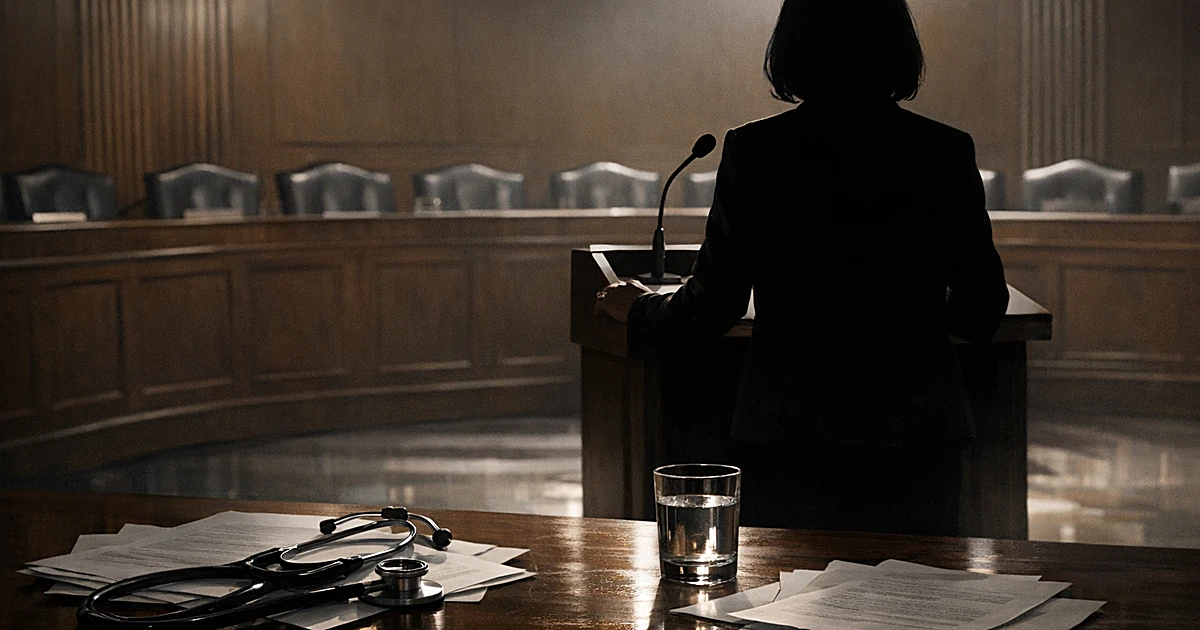 Silhouetted figure at podium in tiered committee room with stethoscope and papers on table in foreground