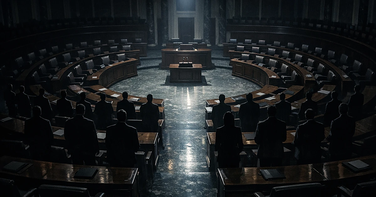 Empty Senate chamber with silhouetted figures standing at desks in unanimous agreement, lit by dramatic overhead light