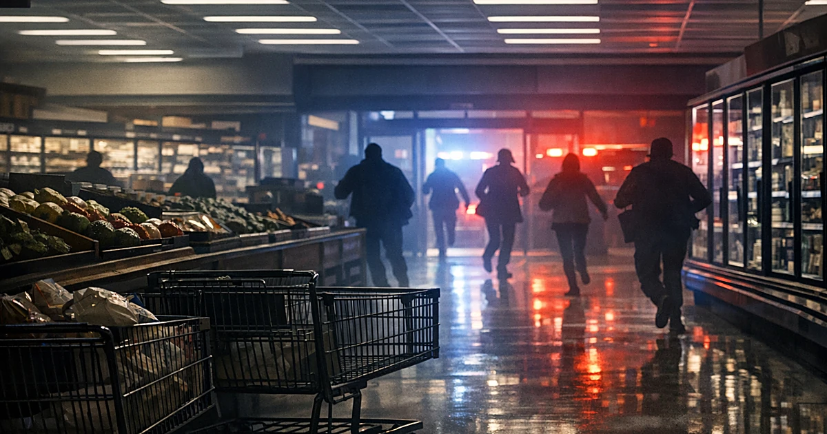 Abandoned shopping carts in grocery store aisle with emergency lights visible through windows