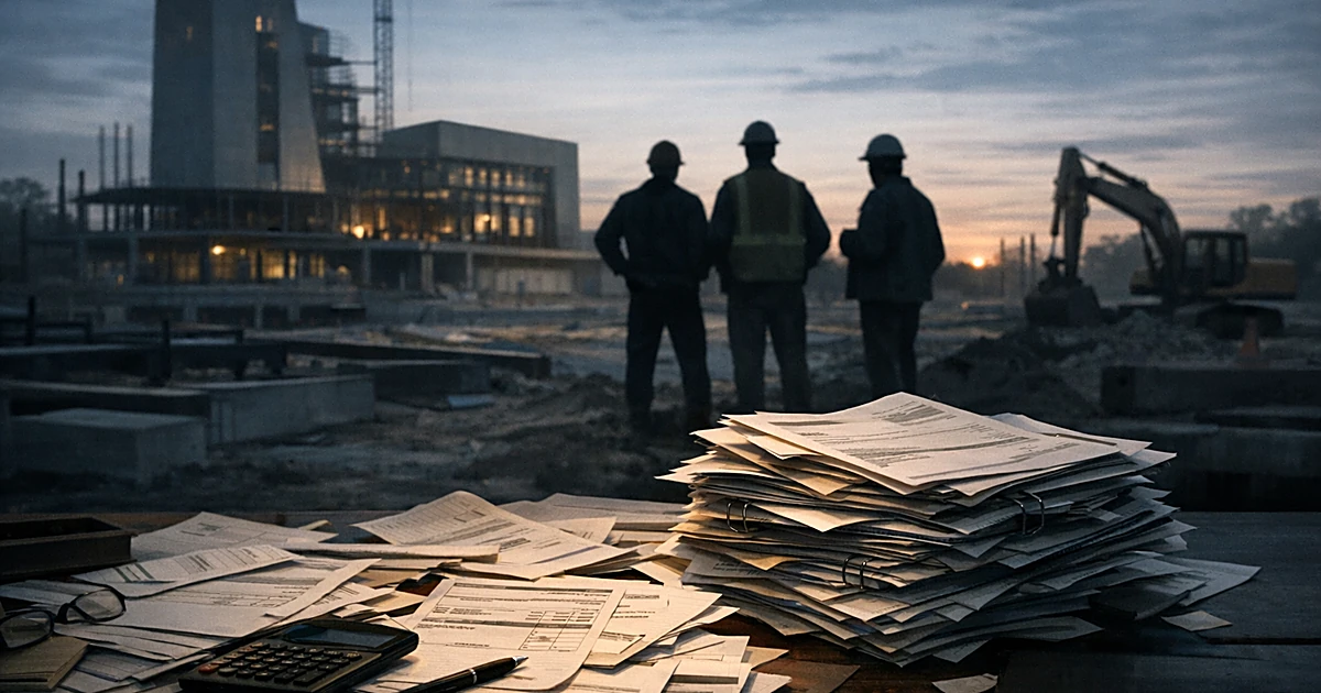 Construction site with idle equipment, scattered invoices, and silhouetted workers beside unfinished building structures