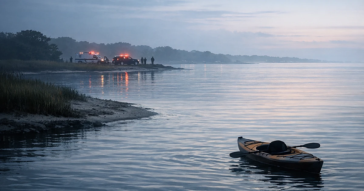 Empty kayak on calm bay waters near creek inlet with emergency vehicles silhouetted on distant shore in morning light