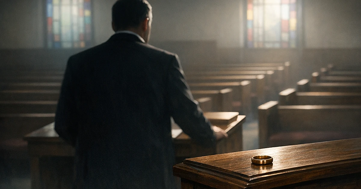 Silhouetted pastor figure at empty church pulpit with wedding ring, vacant pews in dim light