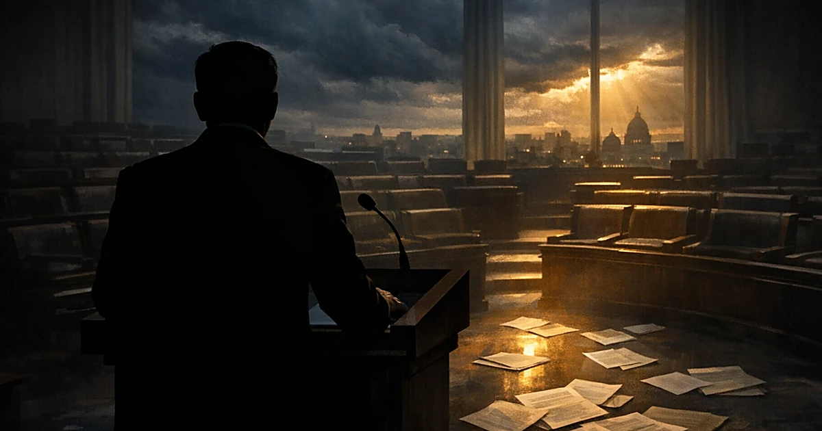 Silhouette at podium facing empty congressional seats with stormy sky visible through windows