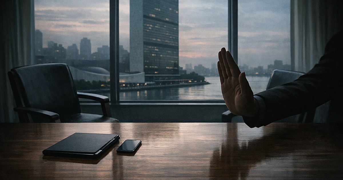 Empty conference table with chairs and a hand gesture blocking the space, UN building silhouette visible through windows