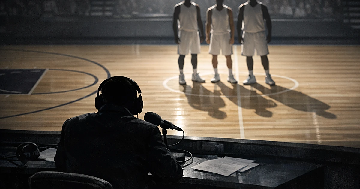 Silhouetted broadcaster at desk facing three basketball player silhouettes on illuminated court from above