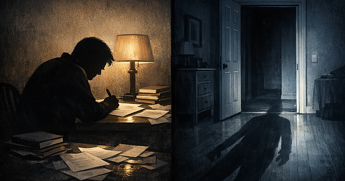 Split scene with silhouette writing at desk and ominous shadow in doorway, depicting controversy over public defense