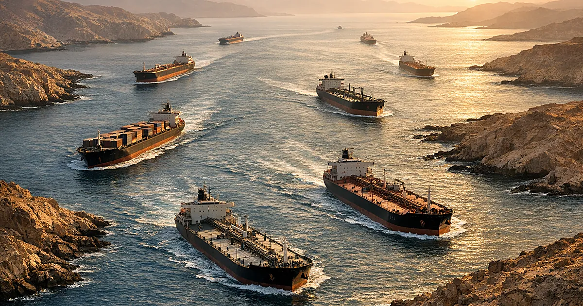 Aerial view of multiple cargo ships and tankers transiting through the Strait of Hormuz with coastlines on both sides