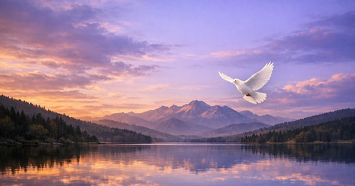 Peaceful twilight landscape with calm lake, forests, and dove flying toward distant mountains