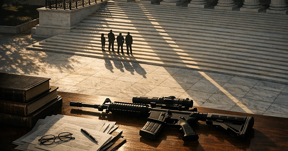 Overhead view of Supreme Court columns with rifle silhouette on wooden surface beside legal documents