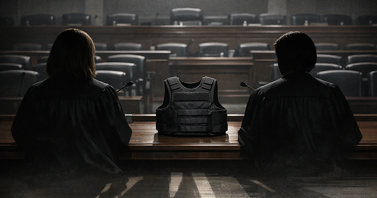 Silhouetted figures in robes at hearing table with bulletproof vest, facing empty congressional chamber