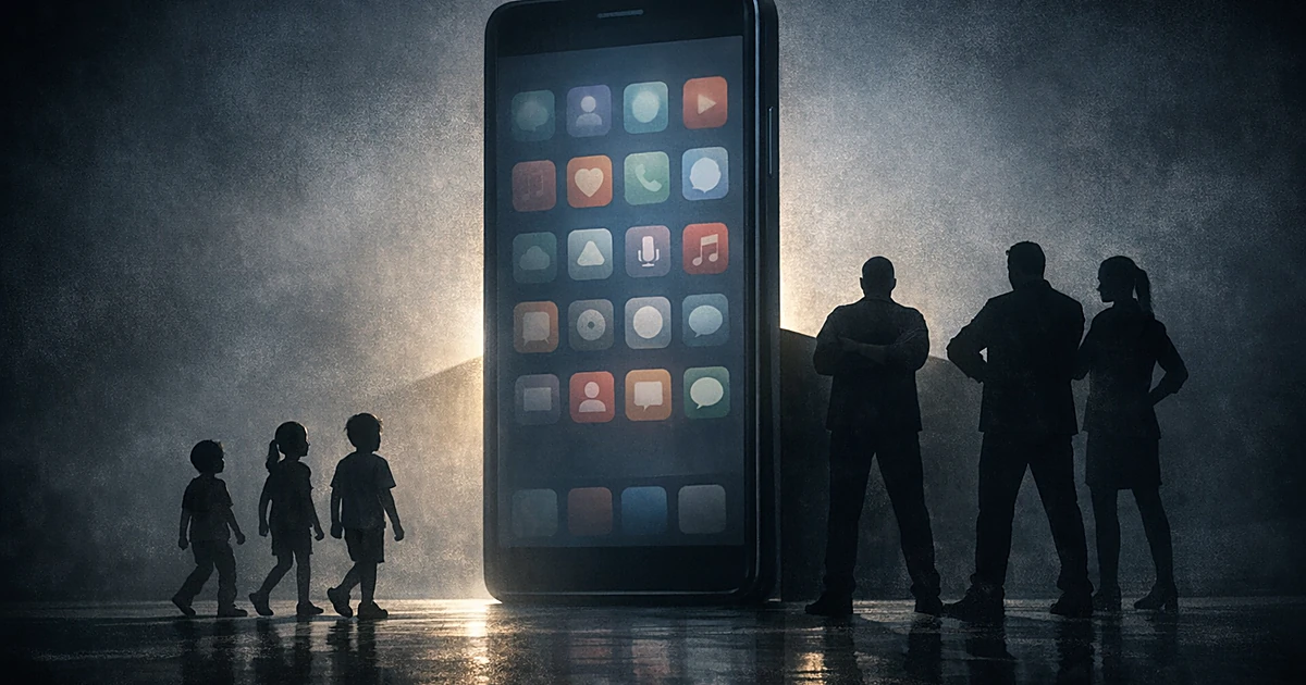 Silhouettes of adults blocking children from approaching a giant glowing smartphone displaying app icons