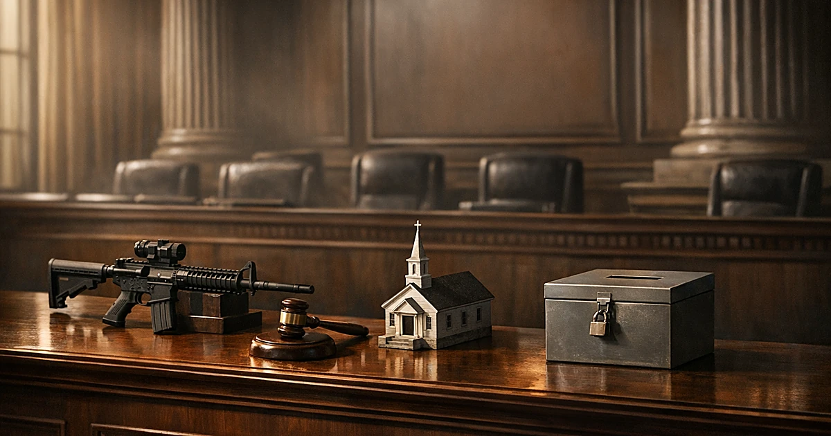 Empty Supreme Court bench with gavel, rifle, church model, and ballot box representing upcoming constitutional cases