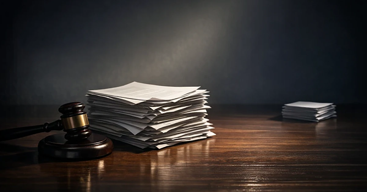 Gavel beside stacked legal documents with separated papers in shadow, representing a pending court decision