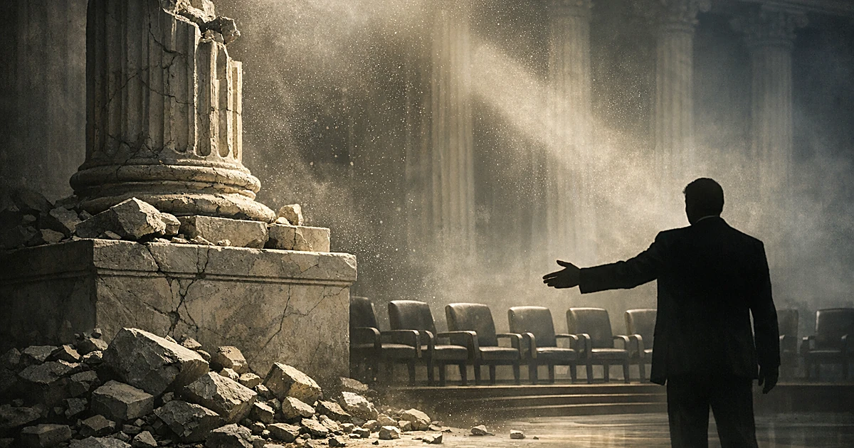Silhouetted figure gesturing toward empty chairs beside a crumbling classical column with scattered stone fragments