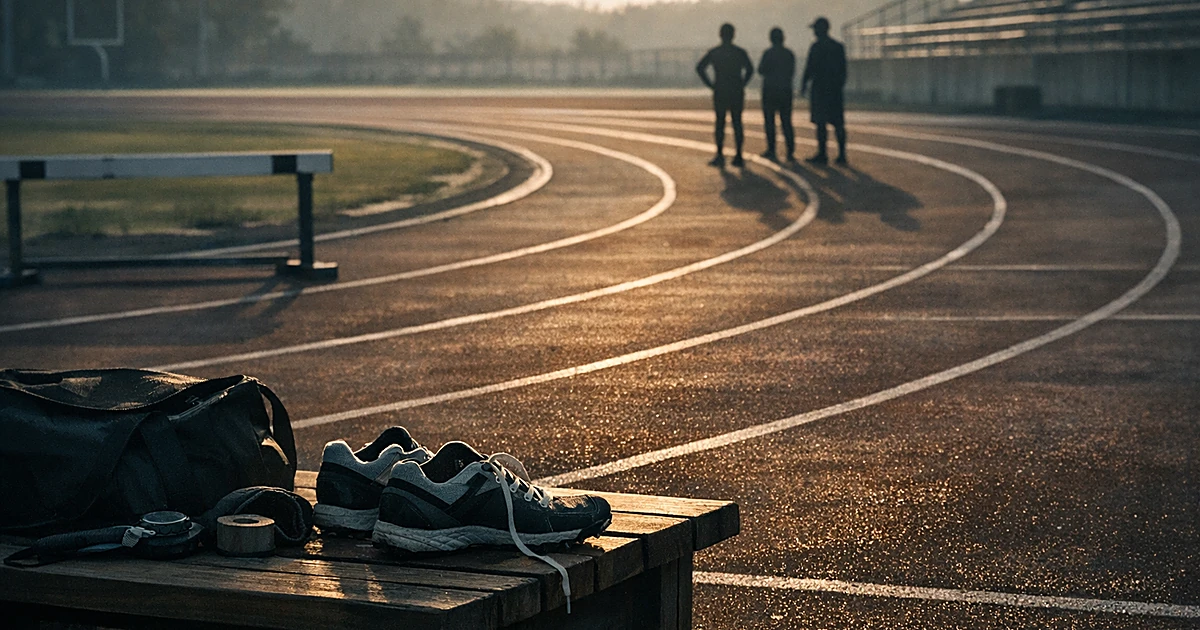 Empty running track with athletic equipment on bench and distant silhouettes, showing competitive sports facility
