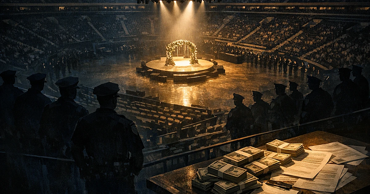 Overhead view of arena with police silhouettes and cash on table representing public costs of celebrity wedding